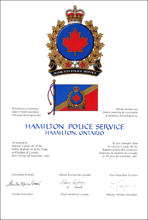 Letters patent granting heraldic emblems to the Hamilton Police Service