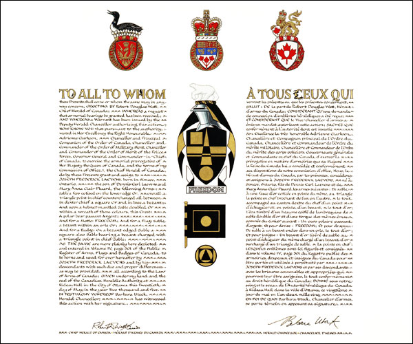 Letters patent granting heraldic emblems to Joseph Frederick Laevens
