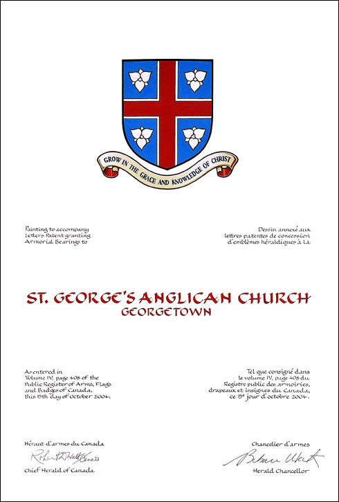 Lettres patentes concédant des emblèmes héraldiques à la St. George's Anglican Church, Georgetown