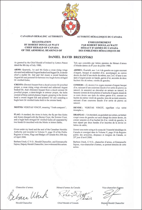Letters patent registering the heraldic emblems of Daniel David Brzeziński