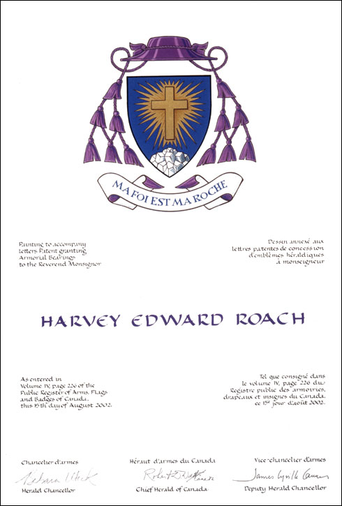 Letters patent granting heraldic emblems to Harvey Edward Roach