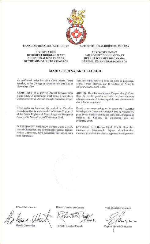 Lettres patentes enregistrant les emblèmes héraldiques de Maria-Teresa McCullough