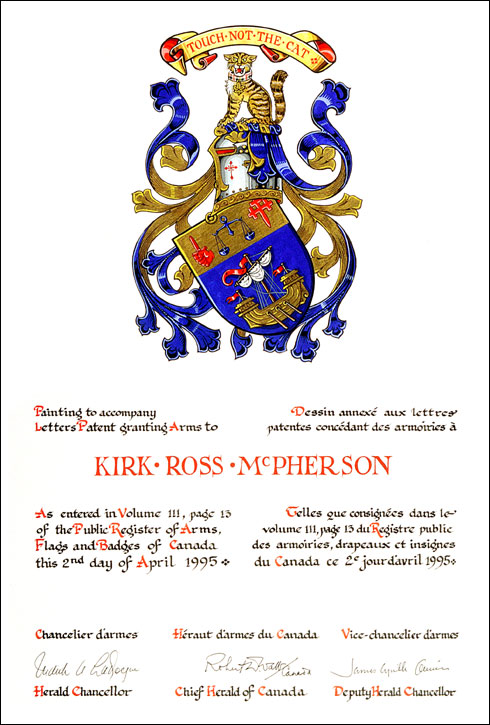 Lettres patentes concédant des emblèmes héraldiques à Kirk Ross Mc Pherson