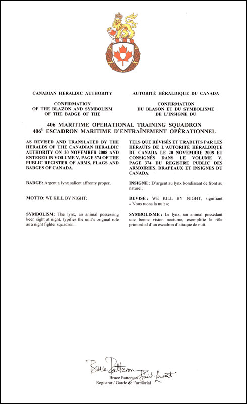 Letters patent confirming the blazon of the Badge of the 406 Maritime Operational Training Squadron