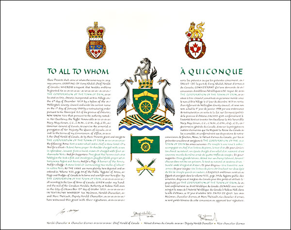 Letters patent granting heraldic emblems to The Corporation of the Town of Erin