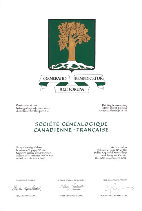 Letters patent granting heraldic emblems to the Société généalogique canadienne-française