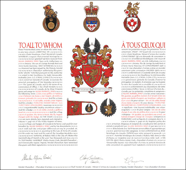 Letters patent granting heraldic emblems to Allan Burnell Bird