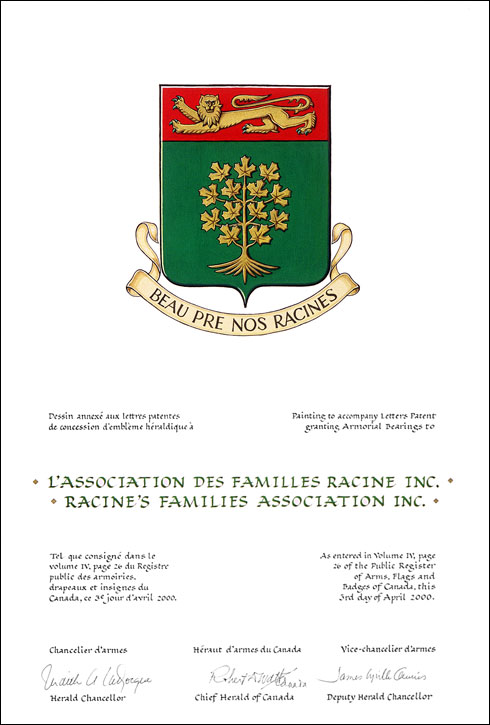 Letters patent granting heraldic emblems to the Racine's Family Association Inc.