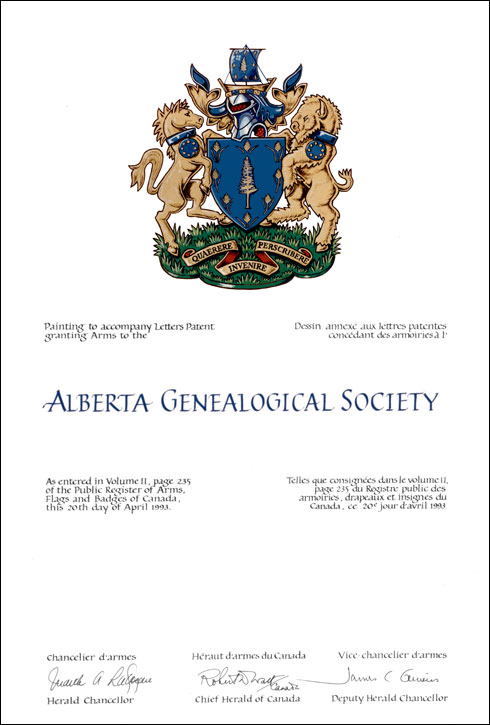 Lettres patentes concédant des emblèmes héraldiques à la Alberta Genealogical Society