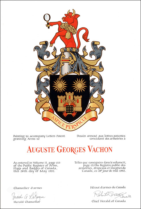 Lettres patentes concédant des emblèmes héraldiques à Auguste Georges Vachon