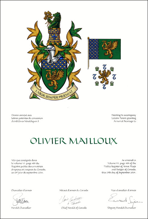 Lettres patentes concédant des emblèmes héraldiques à Olivier Mailloux