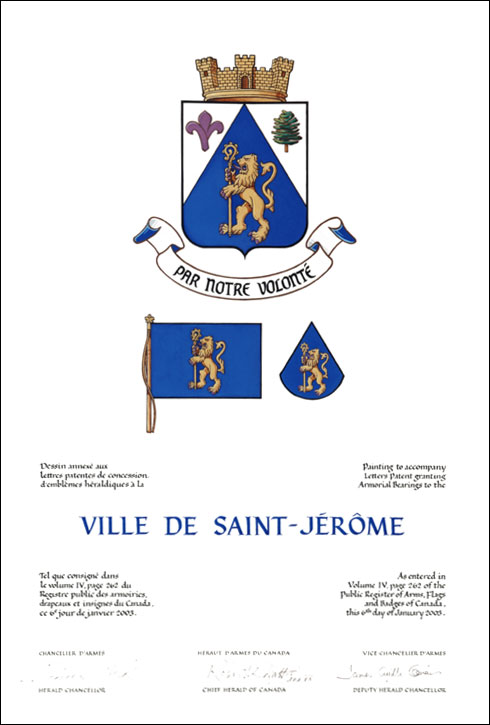 Letters patent granting heraldic emblems to the Ville de Saint-Jérôme