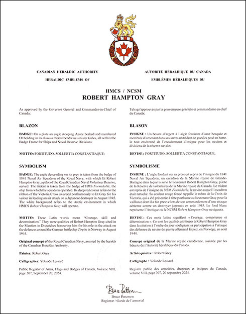 Lettres patentes approuvant l’insigne du NCSM Robert Hampton Gray