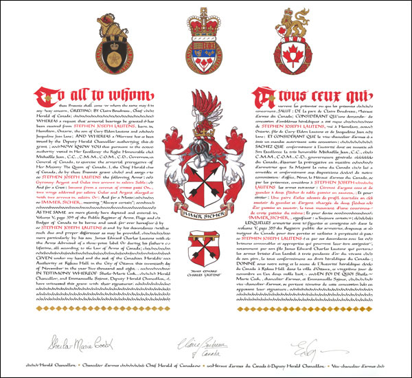 Lettres patentes concédant des emblèmes héraldiques à Stephen Joseph Lautens