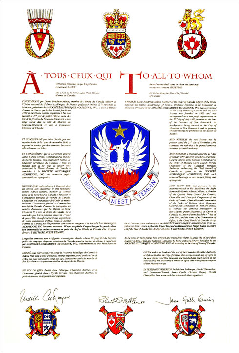 Letters patent granting heraldic emblems to the Société historique acadienne, Inc.