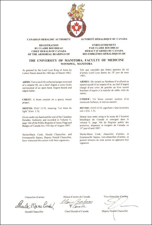 Lettres patentes enregistrant les emblèmes héraldiques de The University of Manitoba, Faculty of Medicine