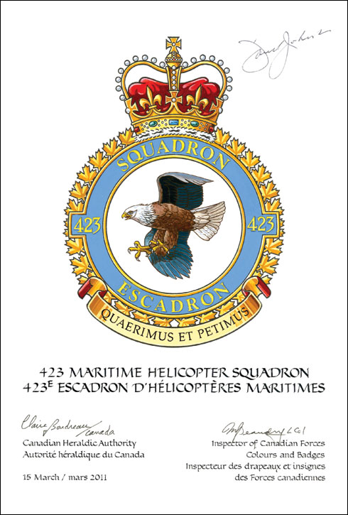 Lettres patentes confirmant le blasonnement de l'insigne du 423e Escadron d'hélicoptères maritimes