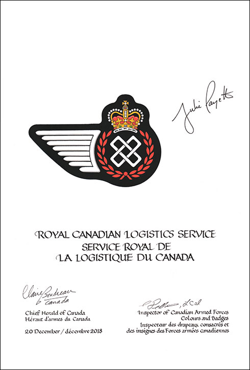 Lettres patentes approuvant les emblèmes héraldiques de l'Officier logistique de l'Aviation royale canadienne