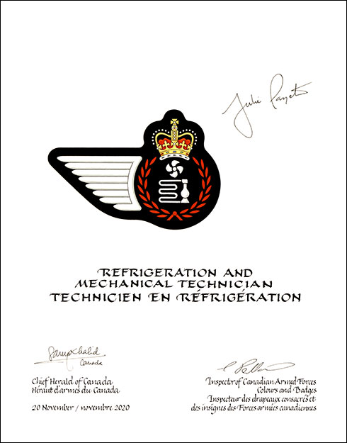 Lettres patentes approuvantles emblèmes héraldiques du Technicien en réfrigération de l’Aviation royale canadienne