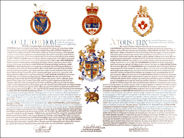 Lettres patentes concédant des emblèmes héraldiques au Lady Eaton College