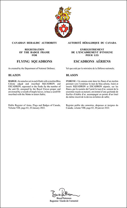 Letters patent registering the badge frame for Flying Squadrons of the Canadian Armed Forces