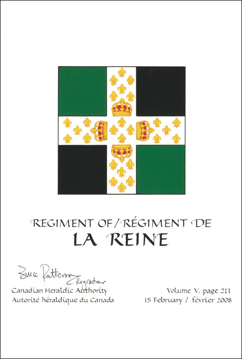 Letters patent confirming the blazon of the Flag of the Regiment of La Reine