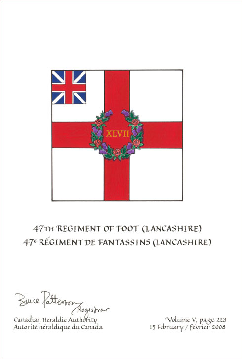 Lettres patentes confirmant le blasonnement du drapeau du 47e Régiment de fantassins (Lancashire)