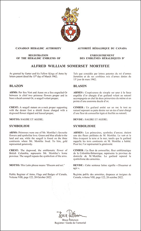 Letters patent registering the heraldic emblems of Alfred William Somerset Mortifee