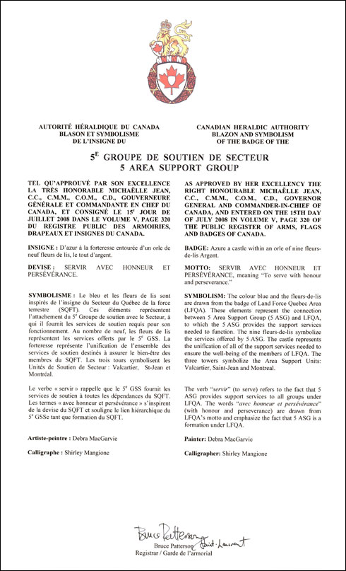 Letters patent approving the Badge of 5 Area Support Group