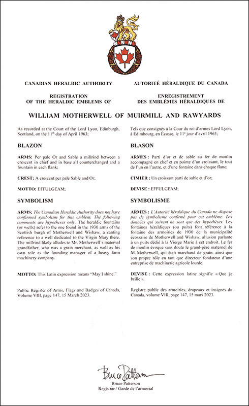 Lettres patentes enregistrant les emblèmes héraldiques de William Motherwell of Muirmill and Rawyards