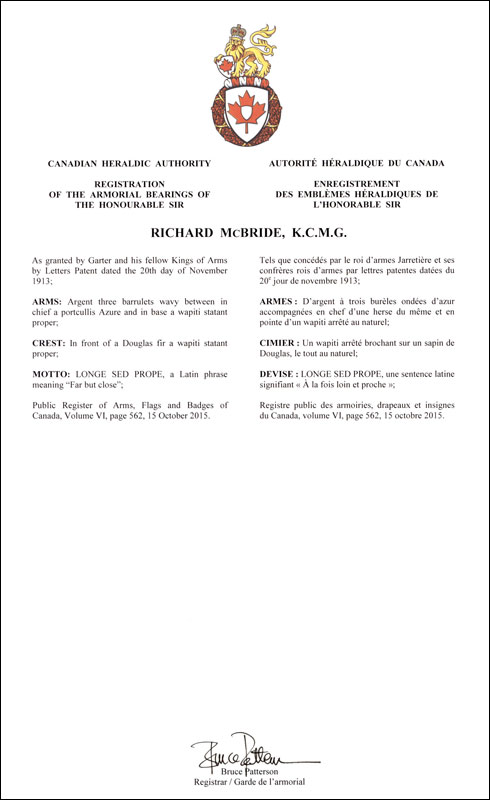 Letters patent registering the heraldic emblems of Richard McBride