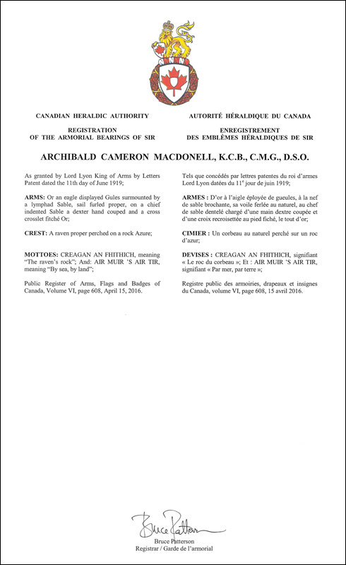 Letters patent registering the heraldic emblems of Archibald Cameron Macdonell