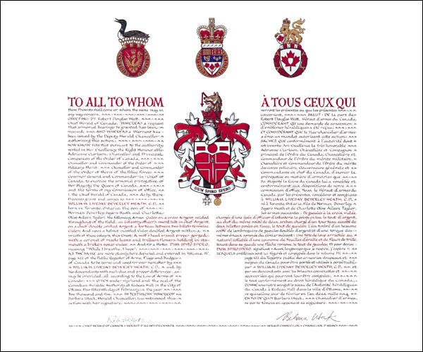 Letters patent granting heraldic emblems to William Livesay Beverley Heath