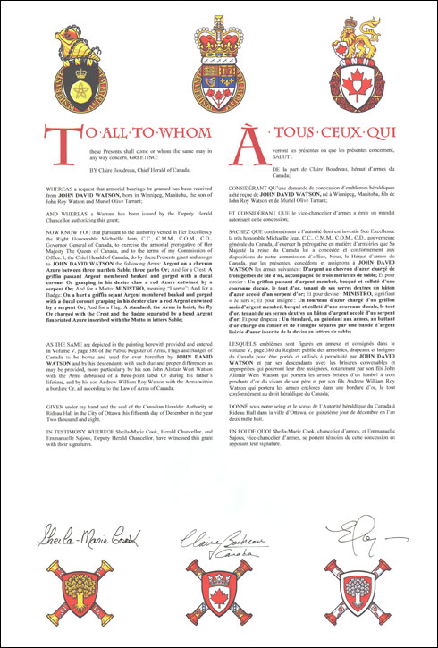 Letters patent granting heraldic emblems to John David Watson