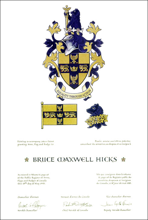 Letters patent granting heraldic emblems to Bruce Maxwell Hicks