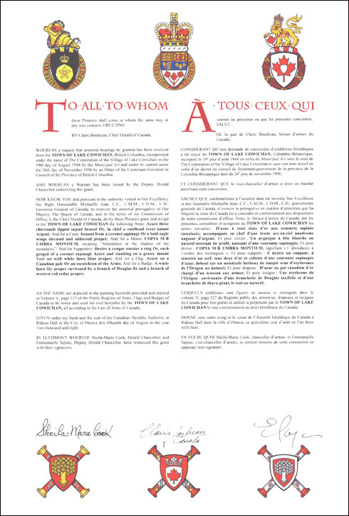 Letters patent granting heraldic emblems to the Town of Lake Cowichan