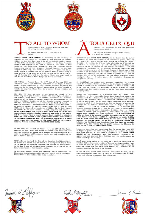 Letters patent registering the heraldic emblems of George Edwin Beament
