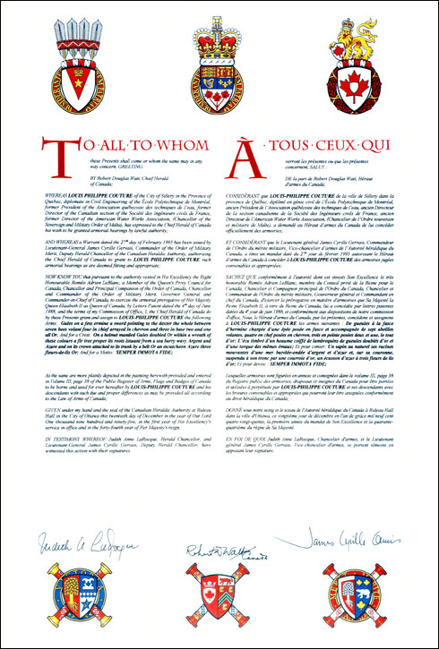 Letters patent granting Armorial Bearing to Louis-Philippe Couture