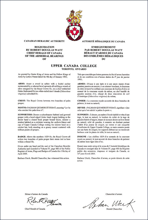 Letters patent registering the Armoirial Bearings of the Upper Canada College