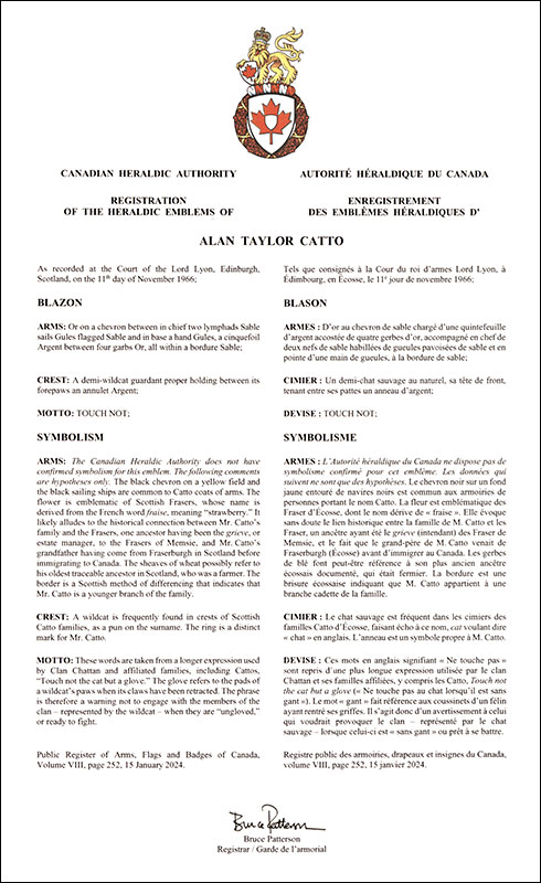 Lettres patentes enregistrant les emblèmes héraldiques d'Alan Taylor Catto