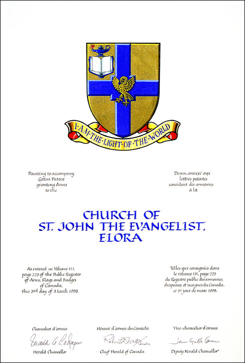 Lettres patentes concédant des emblèmes héraldiques à la Church of St. John the Evangelist