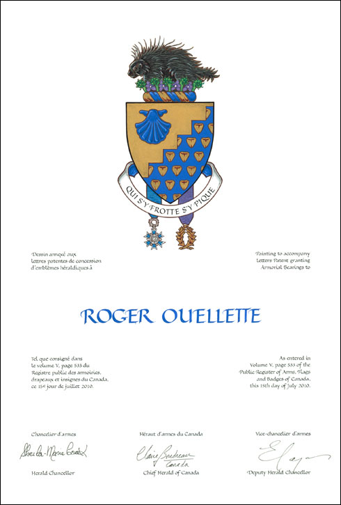Letters patent granting heraldic emblems to Roger Ouellette