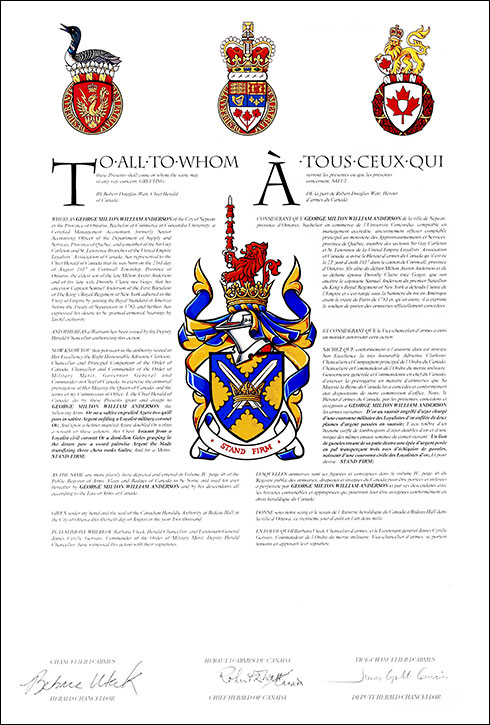 Letters patent granting heraldic emblems to George Milton William Anderson
