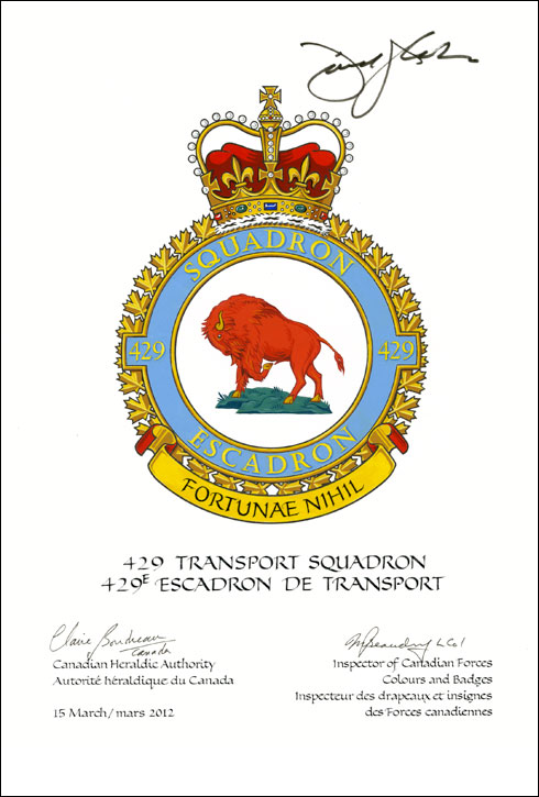 Lettres patentes confirmant le blasonnement de l'insigne du 429e Escadron de transport