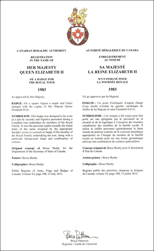 Letters patent registering the heraldic emblems of Queen Elizabeth II