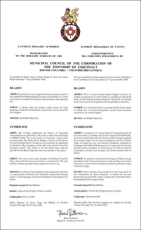 Lettres patentes enregistrant les emblèmes héraldiques du Municipal Council of the Corporation of the Township of Esquimalt