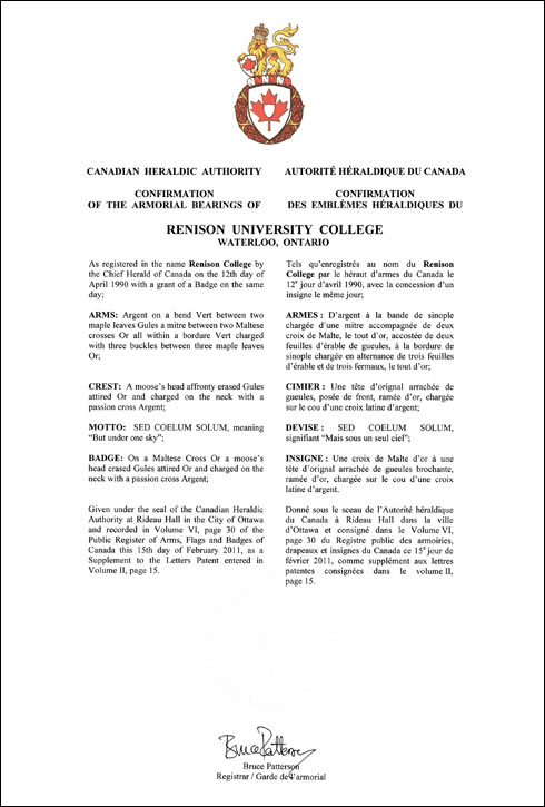 Lettres patentes confirmant les emblèmes héraldiques du Renison University College
