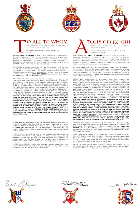 Letters patent granting heraldic emblems to James Ian Sneddon