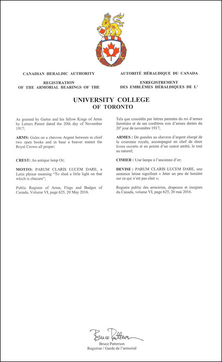 Letters patent registering the heraldic emblems of the University College of Toronto