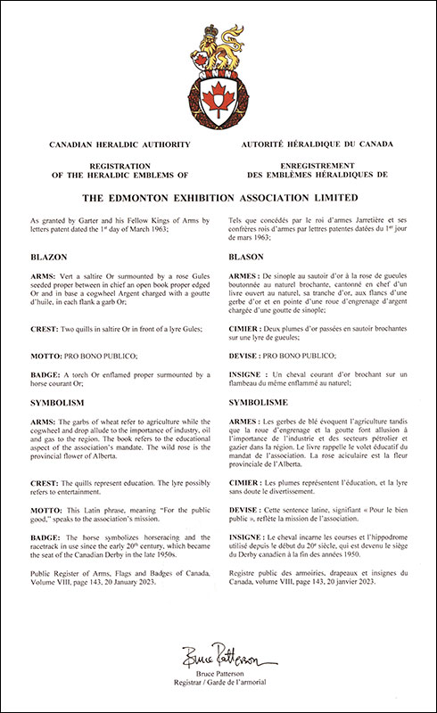 Lettres patentes enregistrant les emblèmes héraldiques de The Edmonton Exhibition Association Limited